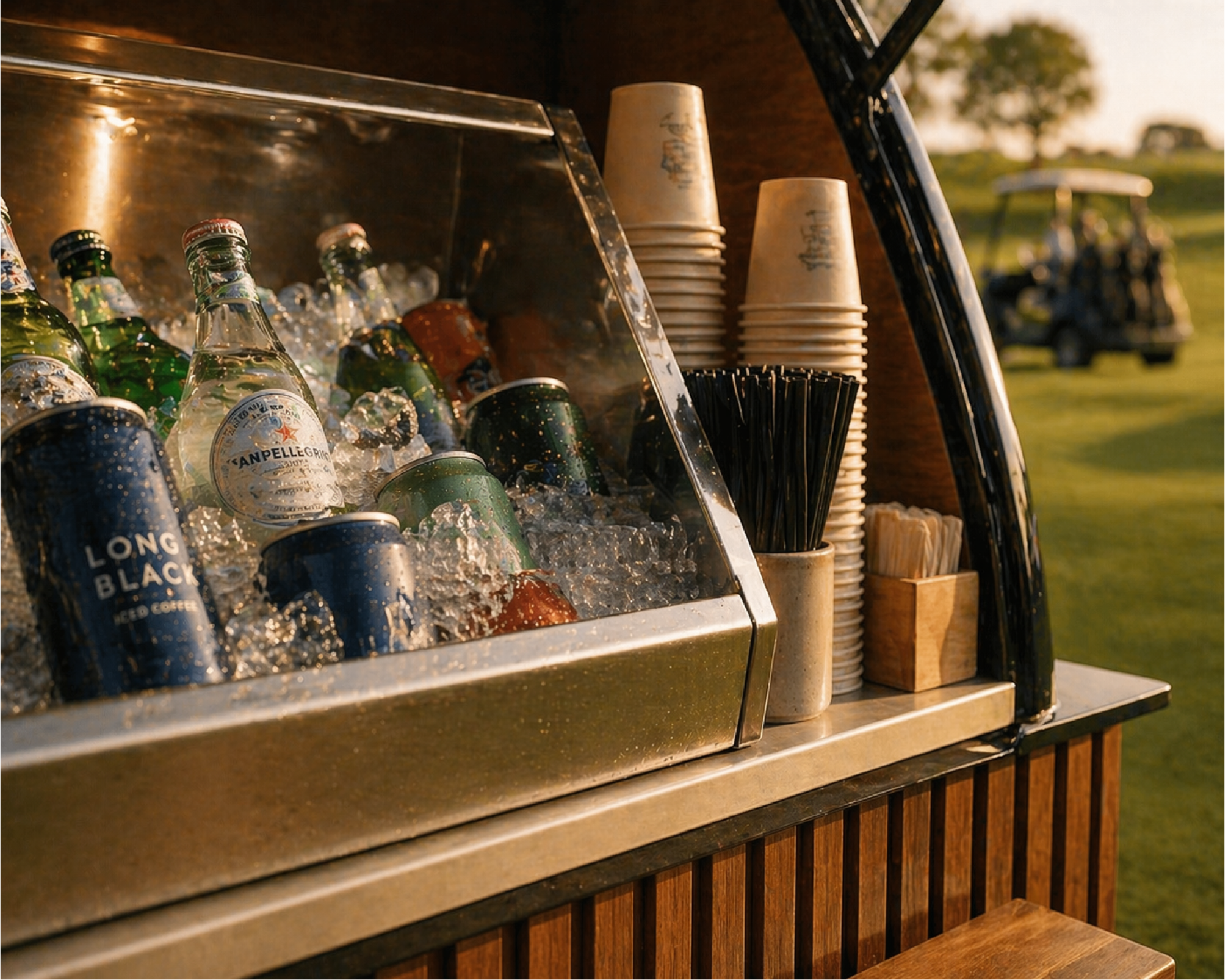 Close-up of the iced drinks cooler and cups on the cart