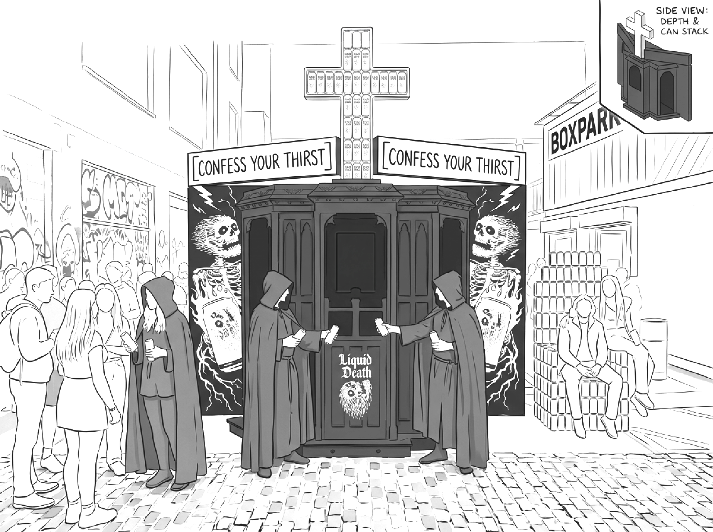 Concept illustration of the Liquid Death confession booth