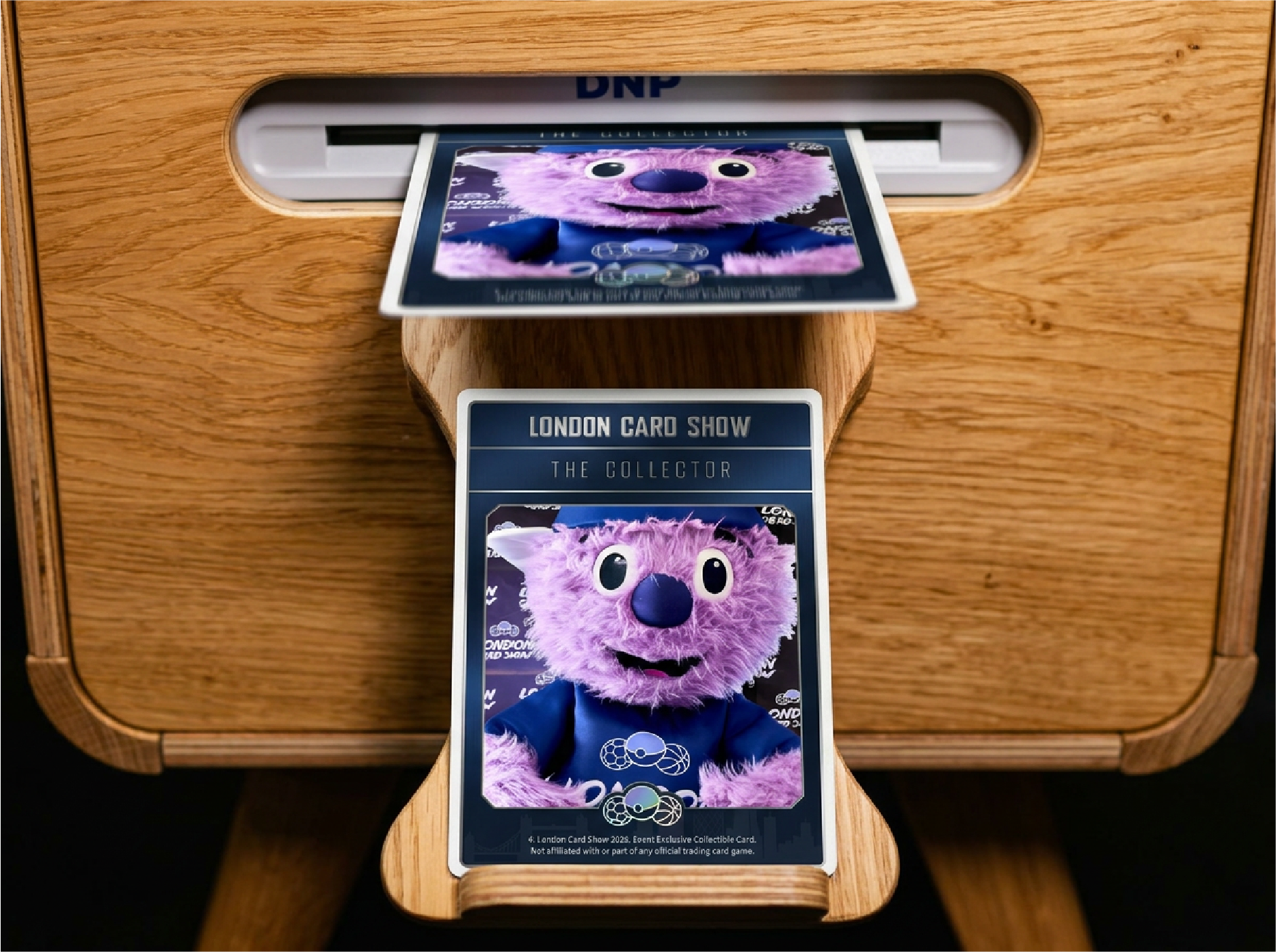 A visitor portrait printing instantly as a 1-of-1 London Card Show trading card